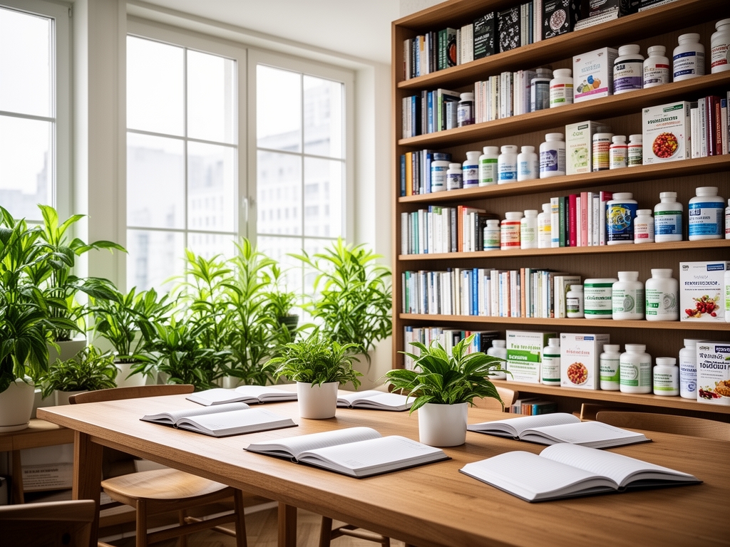 Biblioteca moderna e luminosa con scaffali pieni di libri di scienze e nutrizione, tavolo in legno con quaderni aperti e piante verdi, luce naturale che entra da ampie finestre, atmosfera accademica e serena