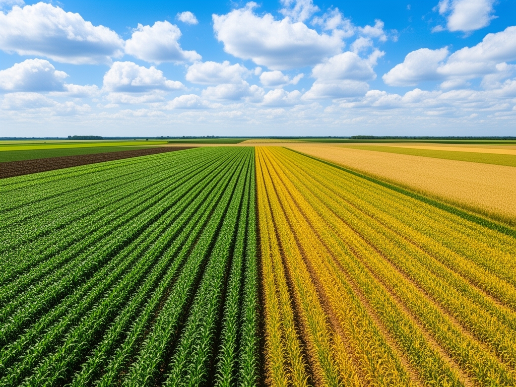 Vista aerea di un campo agricolo rigoglioso con diverse colture in file ordinate, colori che variano dal verde intenso al giallo dorato, sotto un cielo azzurro con nuvole bianche soffici
