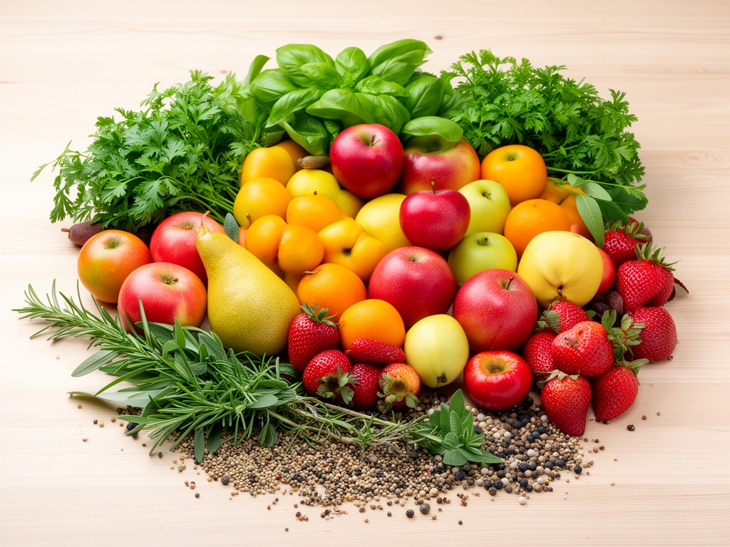 Ampia selezione di frutta fresca colorata, verdure, erbe aromatiche e semi disposti su una superficie di legno chiaro, composizione dall'alto con luce naturale che esalta i colori e le texture
