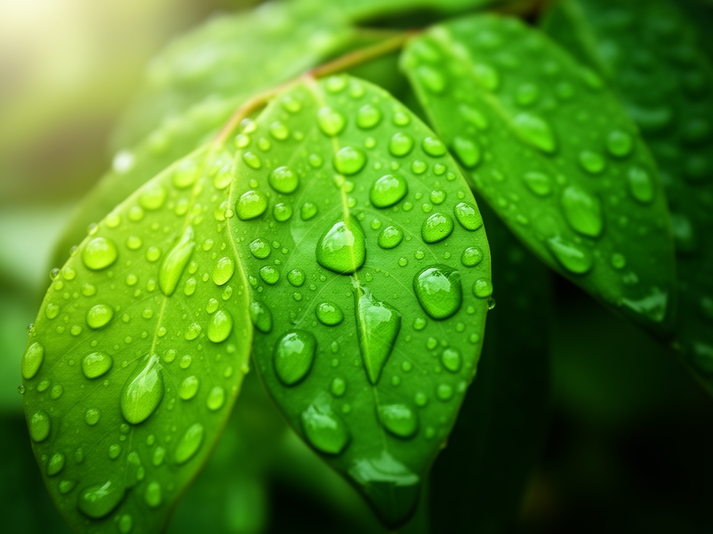 Fotografia macro di foglie verdi con gocce d'acqua lucenti, dettaglio della struttura cellulare vegetale visibile, sfondo bokeh verde intenso con luce naturale filtrata